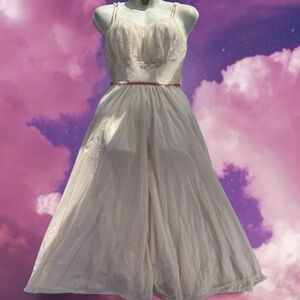 Antique 50s 60s Nightgown Slip Lingerie Nighty Chiffon Nylon Lace Sheer Pink Tie